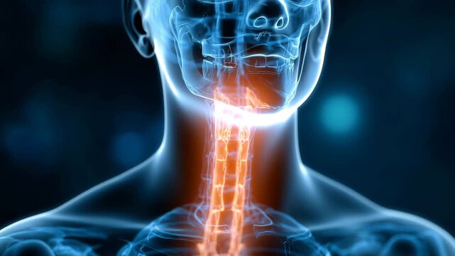 Ultra HD Human neck and spine xray with glowing orange pain area medical illustration of cervical vertebrae and throat anatomy video