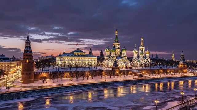 Moscow Kremlin at sunset, beautiful cityscape with colorful sky and river.