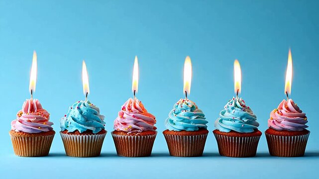 Cupcakes with lit candles in a row