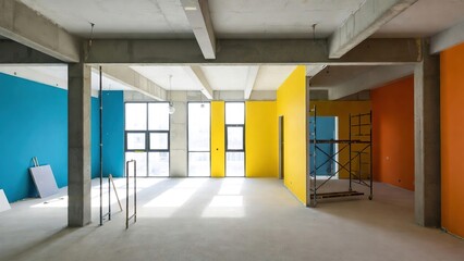 Obraz premium Interior of a building under construction with colorful walls and scaffolding
