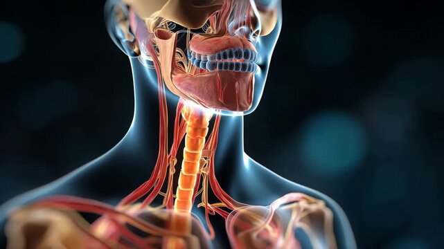 Ultra HD Detailed 3d rendering of human head and neck anatomy, showcasing muscles, nerves, jaw, and cervical spine in a scientific medical illustration video