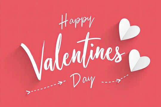 Stock illustration of a minimalist Valentine s Day greeting with white text and paper hearts on a coral background, featuring decorative arrows and a cheerful design