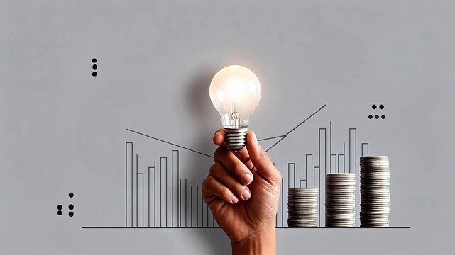 Hand holding light bulb with coins and graph
