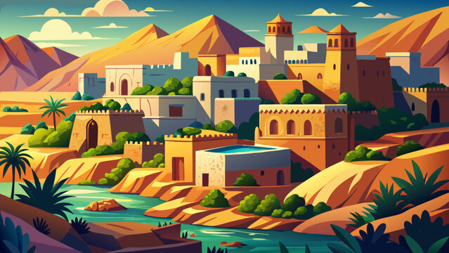 Very beautiful view of El Atteuf, an ancient town in the M'Zab Valley, highlighting traditional adobe architecture, desert harmony, and the timeless cultural heritage of Algeria.