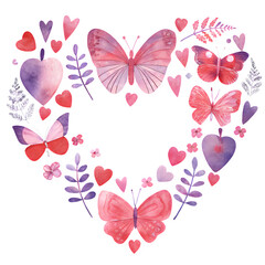 Heart wreath with watercolor butterflies flowers and foliage in shades of pink and purple jewel tone