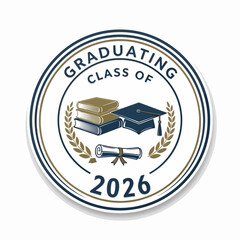 Graduation badge with books, cap, and scroll, for diploma or certificate, vector isolated on White Background