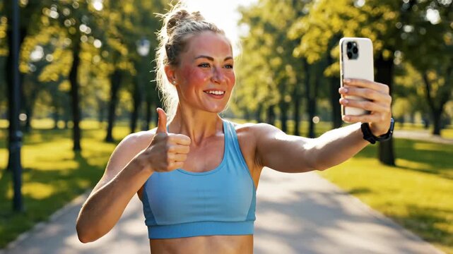 Happy fitness woman taking a selfie with smartphone in a sunny park. Female runner giving thumbs up gesture during a workout. Social media influencer vlogging outdoors