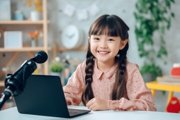 Young girl smiling, using a laptop and microphone for online learning or content creation