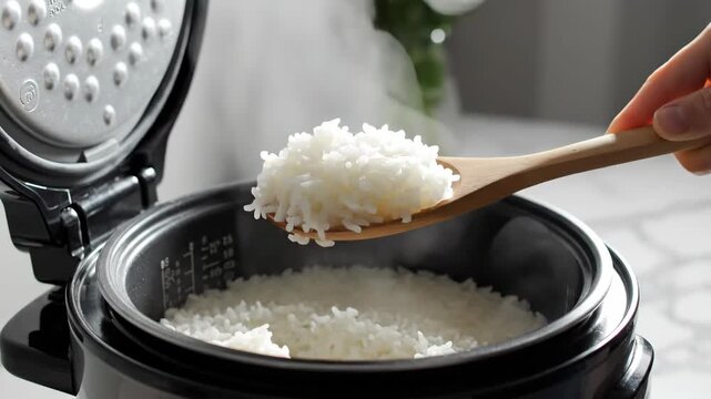 A hand scoops hot steaming white rice with a wooden spoon from an electric rice cooker. Close-up of freshly cooked fluffy grains in a modern kitchen appliance. Homemade meal preparation concept