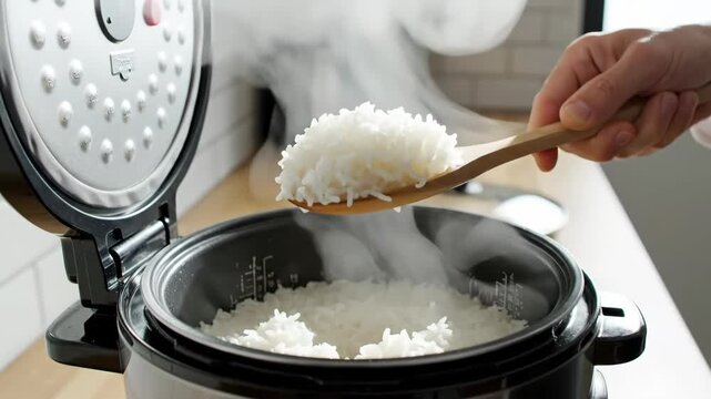 Close up of a wooden spoon scooping steaming white rice from a rice cooker. Freshly cooked fluffy rice in a modern kitchen appliance. Healthy food preparation concept