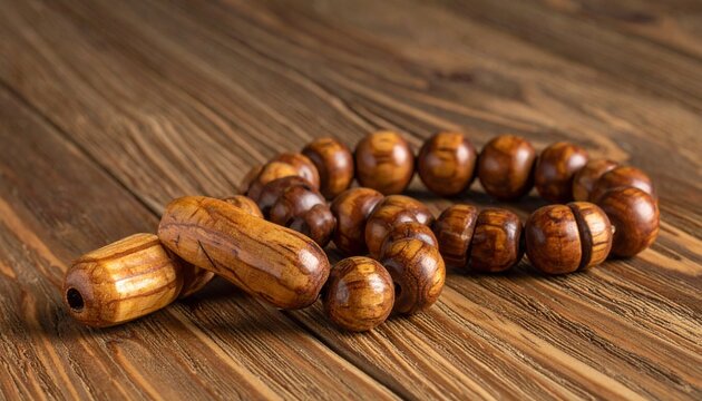 Circular wooden bead bracelet on wooden surface, polished round beads with rich brown color and natural grain patterns, simple and elegant natural design.