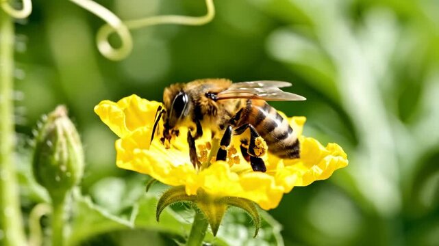 Honey bee collecting pollen from a yellow flower. Macro close-up of insect foraging in nature. Pollination and biodiversity concept