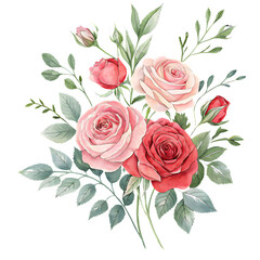 Beautiful bouquet of pink and red roses with green leaves, romantic floral arrangement
