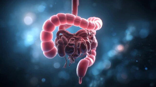 Ultra HD 3d rendering of human intestines, showing large and small bowel with potential polyps or tumor, against a blue background video