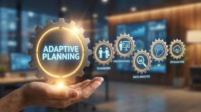 A person's hand holds a large gear labeled 'ADAPTIVE PLANNING' connected to smaller gears representing teamwork, presentations, data analysis, AI, and integration.