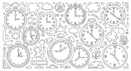 Collection of Various Clocks and Timepieces Doodle Coloring Page for All Ages