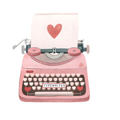 Pink vintage typewriter with a red heart on paper, and the word typewriter on key space bar