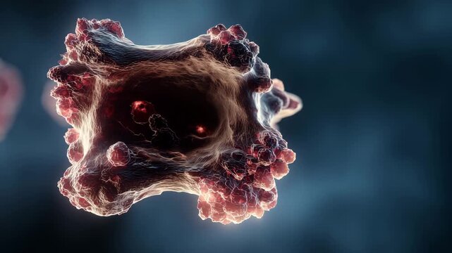 Ultra HD Microscopic view of a complex biological entity, possibly a virus, bacteria, or abnormal cell, with intricate textures and glowing elements video
