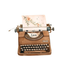 Brown vintage typewriter with love text and floral design on paper, nostalgic writing concept