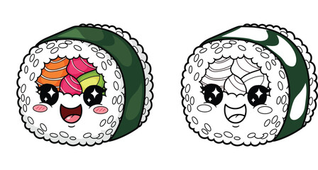 Cute kawaii sushi roll vector character set featuring colored and outline versions of smiling maki with salmon and avocado for coloring book or sticker design © SHOHAG