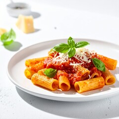 Modern pr&auml;sentierte Rigatoni al Pomodoro mit glatter Tomatensauce