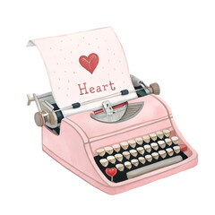 Pink manual typewriter with heart text on paper sheet isolated over transparent checkered background