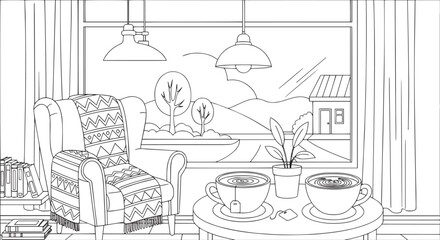 Cozy Living Room Interior with Armchair, Coffee, and Scenic Window View Coloring Page
