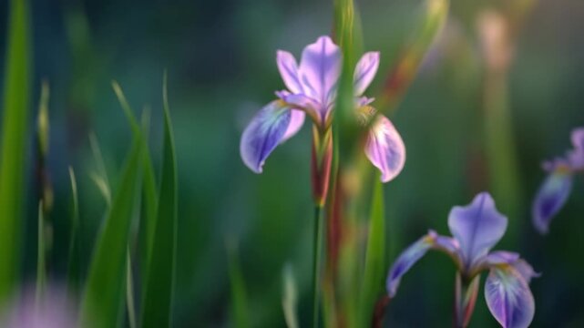 A single iris flower blooming in a peaceful spring garden setting with bright natural lighting, rich colors and clean shallow depth of field for cinematic clarity