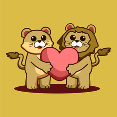 Fototapeta premium cute lion and lioness couple holding heart