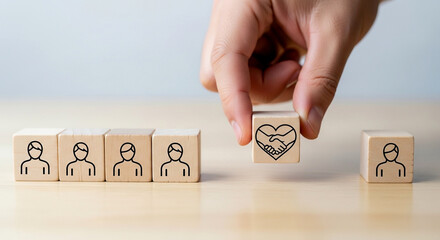 Hand selecting wooden block with handshake heart symbol choosing connection over individuals in team
