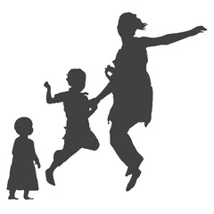 Mother jumping with kid and toddler silhouette