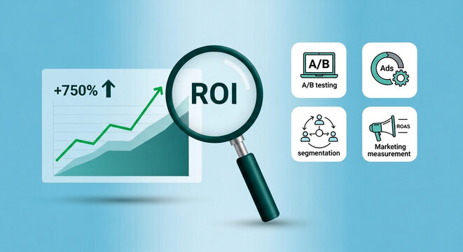 Magnifying glass over roi text with upward trending graph and marketing icons symbolizing business growth