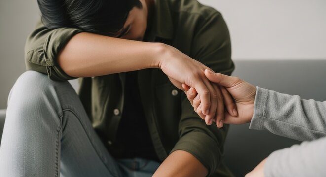Depressed Young Man Crying While Receiving Emotional Support During a Therapy Session or Mental Health Crisis Intervention.