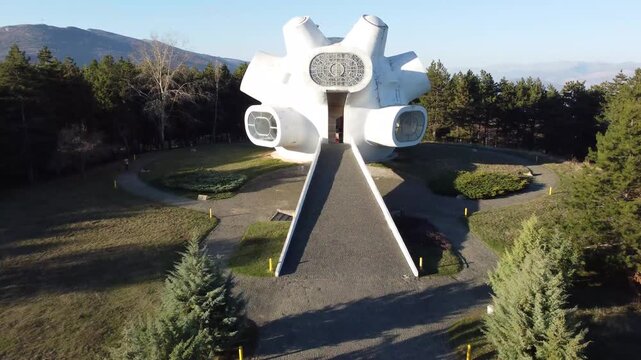 Ilinden Monument 4K. Makedonium. Flying Over Spomenik. Yugoslavia. North Macedonia