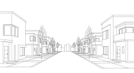 Fototapeta premium vector illustration of a suburban street with houses and trees, for urban planning or architectural mockup, isolated on transparent background, png