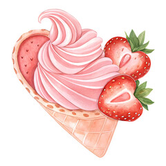 Heart shaped waffle cone with pink ice cream and fresh strawberries
