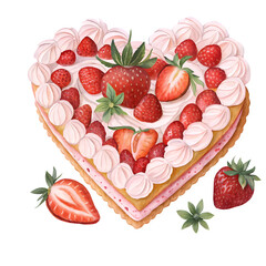 Heart shaped strawberry cake with cream and fresh strawberries on top