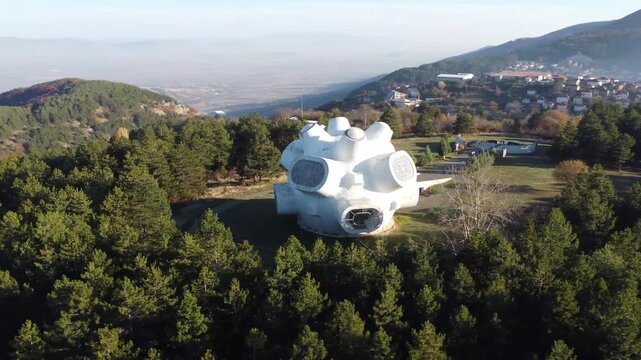 Ilinden Monument 4K. Makedonium. 360 Aerial Shot. Incredible Spomenik. North Macedonia