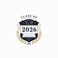 Vector graduation badge with open book and laurel wreath, Class of 2026, for diploma or certificate isolated on White Background