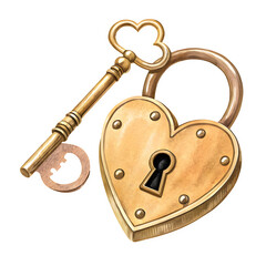 Antique heart shaped padlock with ornate key and detached key ring, isolated on checkered background