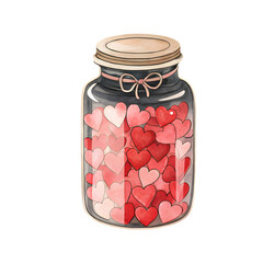 Valentine jar full of watercolor hearts with pink ribbon bow on transparent background for holiday