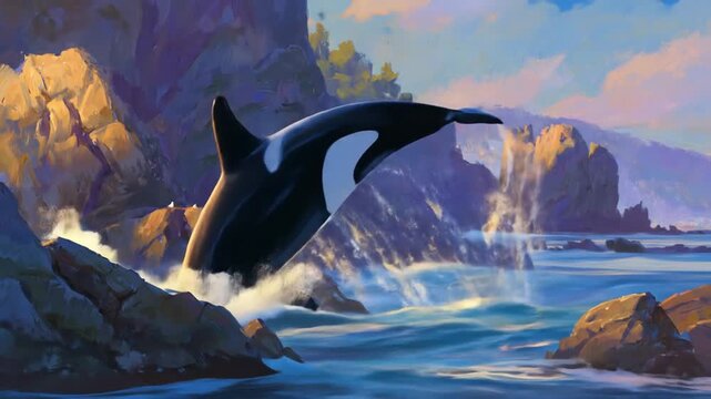 Orca jumps out of water near rocky coastline illustration