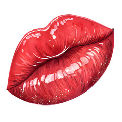 Glossy red lips with vibrant shine and texture, isolated on transparent background, romantic and sensual