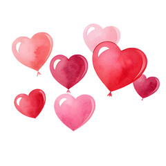 Pink heart balloons in watercolor style floating on transparent background for celebration designs