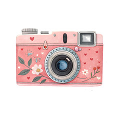 Cute pink vintage camera with flower and heart decorations on transparent background