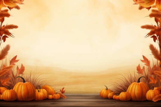 Pumpkins and colorful fall foliage decorate a rustic wooden surface with copy space