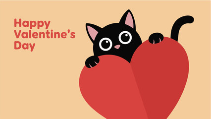 Fototapeta premium Valentine day greeting card with cute black cat peeking from behind big red heart on beige backdrop