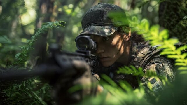 A female soldier in camouflage uniform aiming a rifle in a dark jungle, tactical military operations, cinematic female warrior in action.