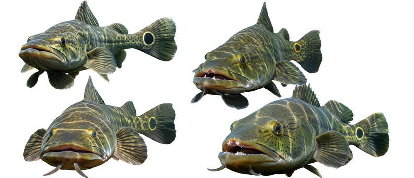 A collection of four ancient coelacanth fish isolated on a white background.