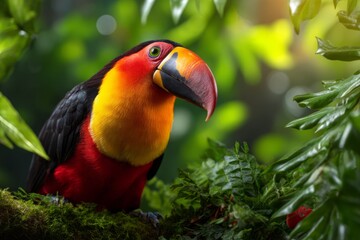 Fototapeta premium Colorful Toucan Perched on Mossy Branch in Lush Jungle Habitat